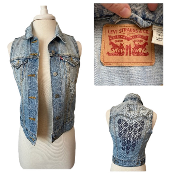 Levi Strauss Women's Petite S Boho Embroidered Distressed Denim Sleeveless Vest - Picture 1 of 11